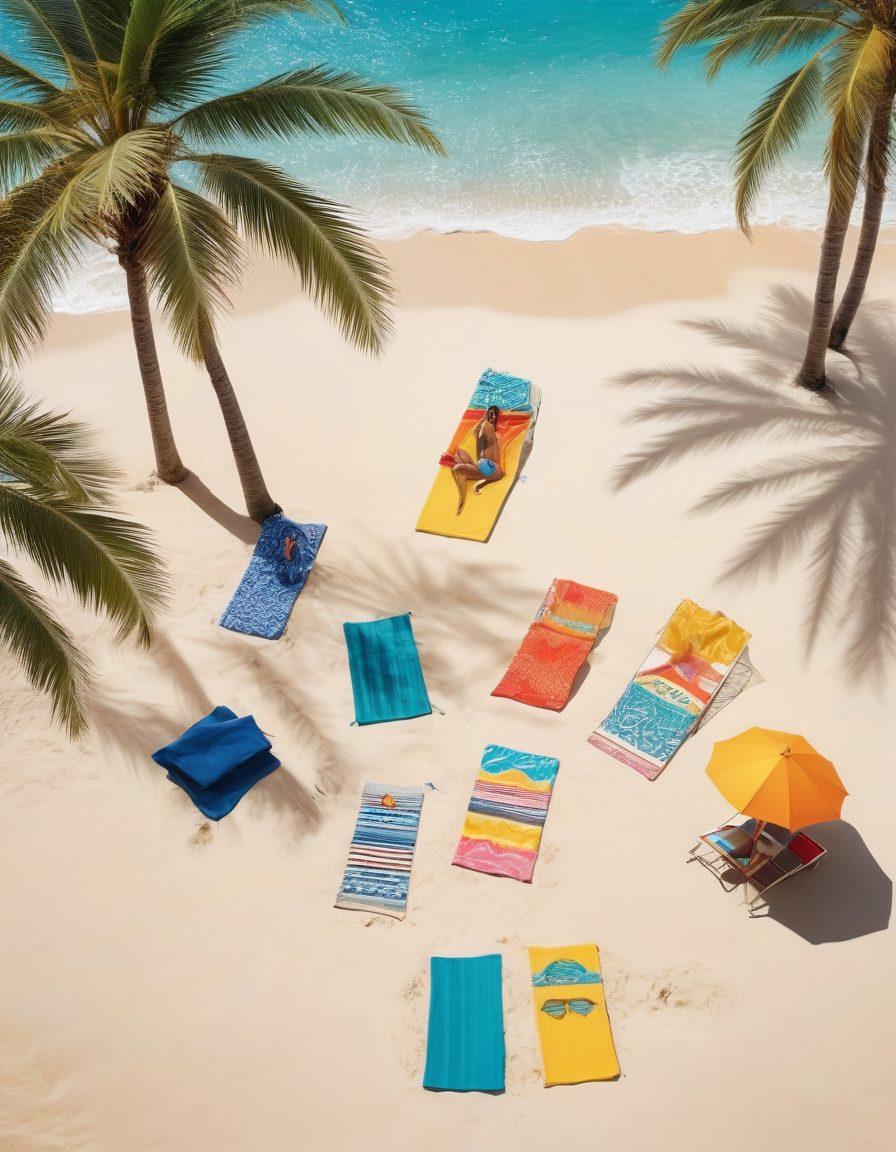 A serene beach scene featuring diverse swim styles, showcasing vibrant swimwear on diverse models lounging under colorful umbrellas. Include elements of summer accessories like sunglasses, beach towels, and flip-flops, with a backdrop of crystal-clear water and palm trees. Convey a sense of relaxation and adventure. ultra-realistic. vibrant colors. sunny atmosphere.